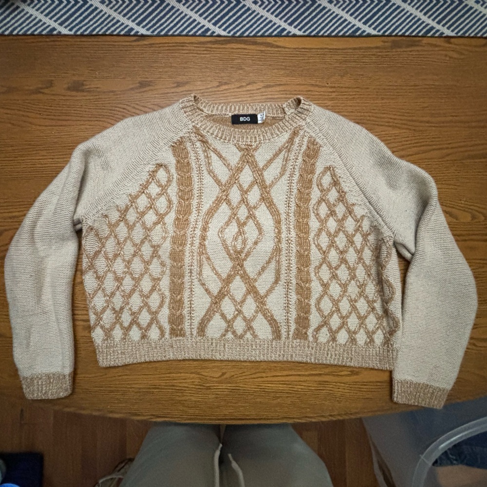 BDG Cream and Tan Cable-Knit Crew Sweater